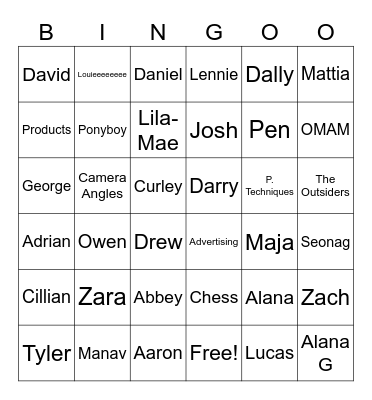 3rd Year English Bingo Card