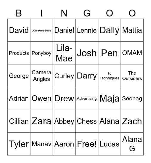 3rd Year English Bingo Card