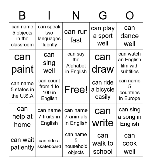 Can/Can't BINGO Card