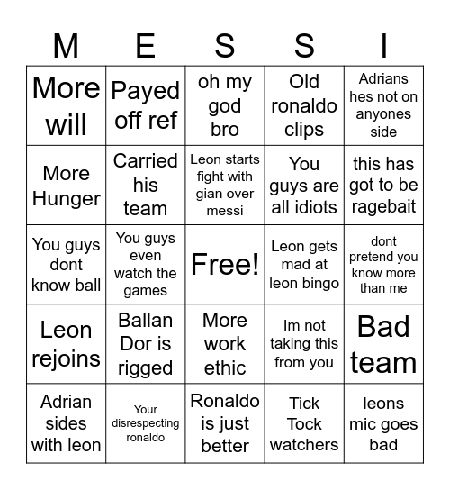 Leon Ronaldo Bingo Card