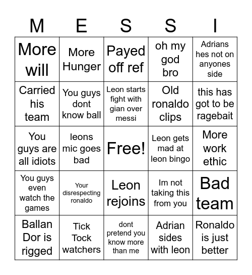Leon Ronaldo Bingo Card