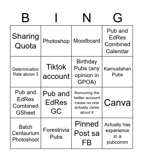 Liaison Presentation Bingo Card