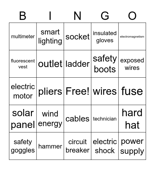 Electrician Vocabulary Bingo Card