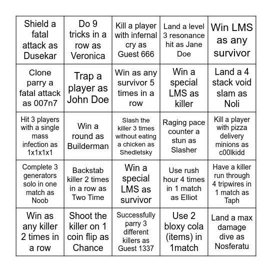 Forsaken Challenge Bingo Card