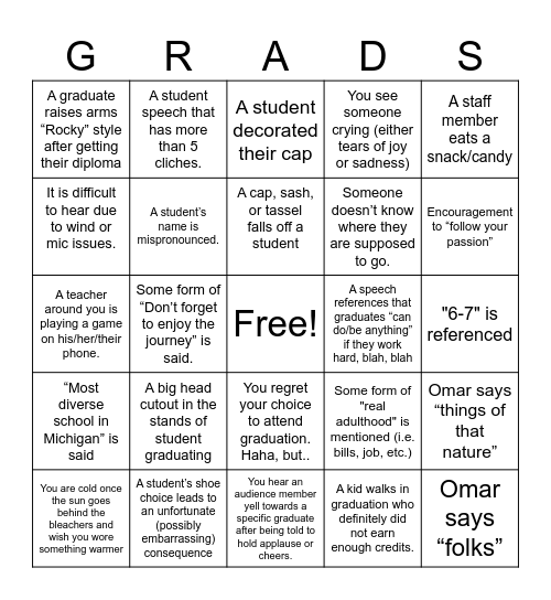 Graduation Bingo Card