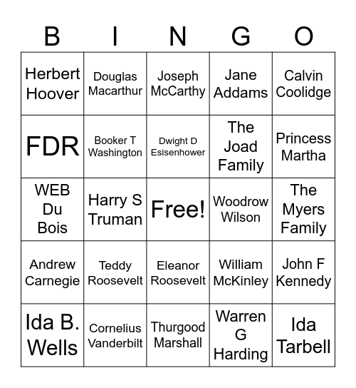 US History Bingo Card