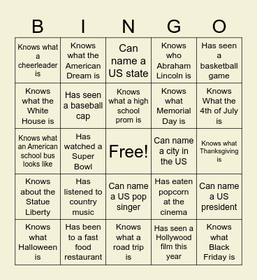 Cultural Bingo – USA Bingo Card
