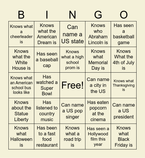 Cultural Bingo – USA Bingo Card