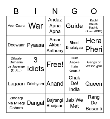 Bollywood Bingo Card