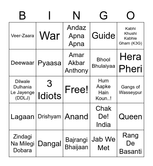 Bollywood Bingo Card