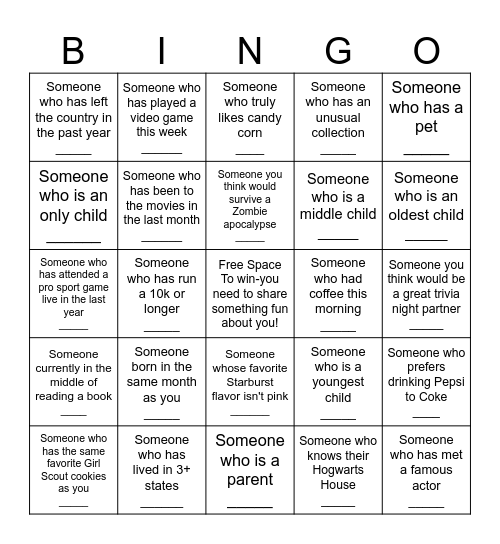 GTKY Bingo Card