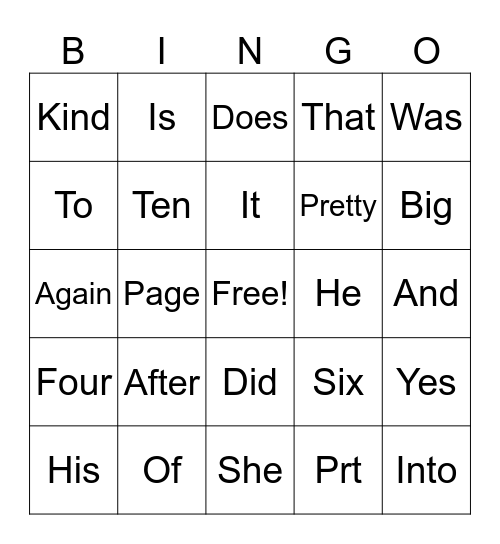 Sight Words Bingo Card