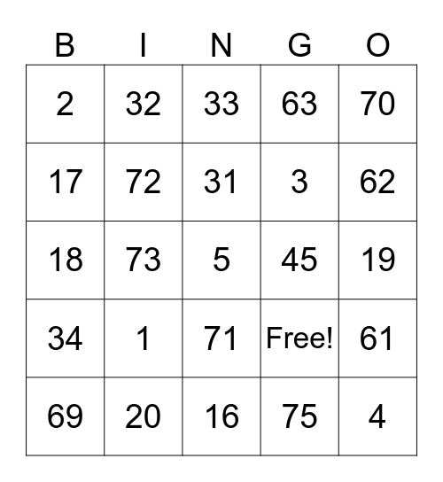 Number Bingo 1-75 Bingo Card