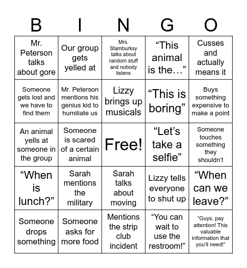 Zoo Game Bingo Card