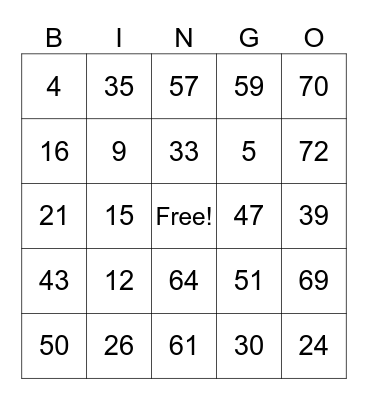 Number Bingo 1-75 Bingo Card