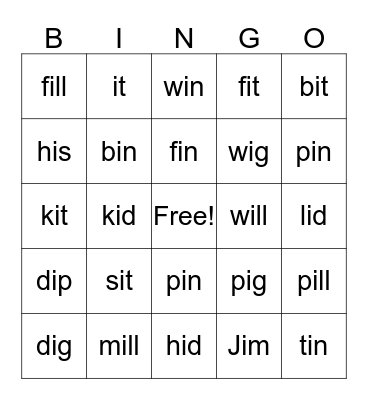 Short i Word Families Bingo Card
