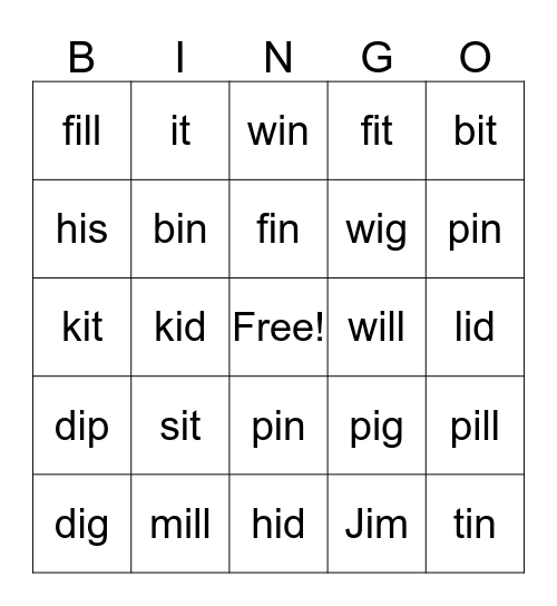 Short i Word Families Bingo Card