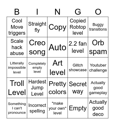 Recent Tab Bingo (Geometry Dash How-D) Bingo Card