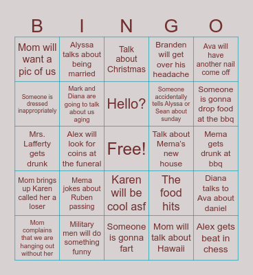 Rubens funeral Bingo Card