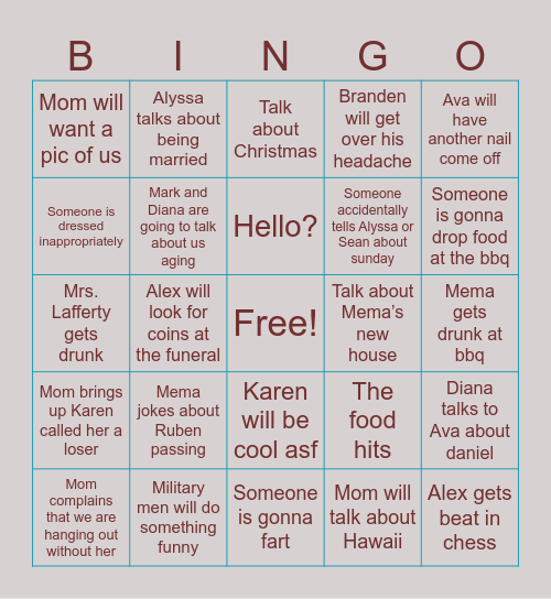 Rubens funeral Bingo Card