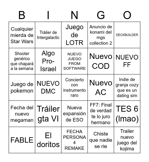 E3 Bingo Card