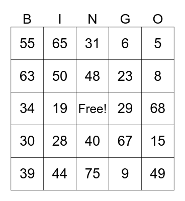 Number Bingo 10-50 Bingo Card
