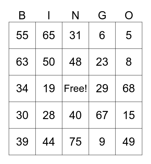 Number Bingo 10-50 Bingo Card