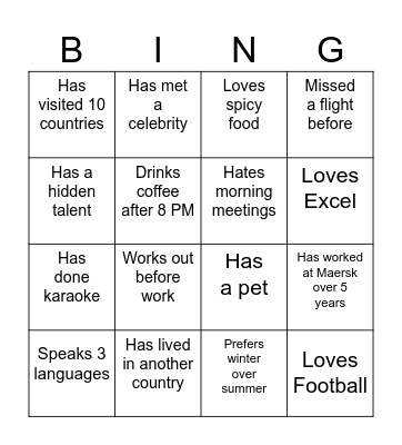 International Bingo Card