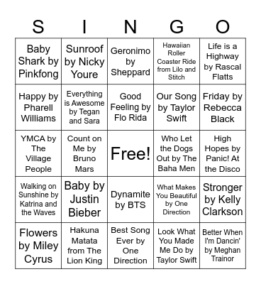 Summer Music Singo Bingo Card