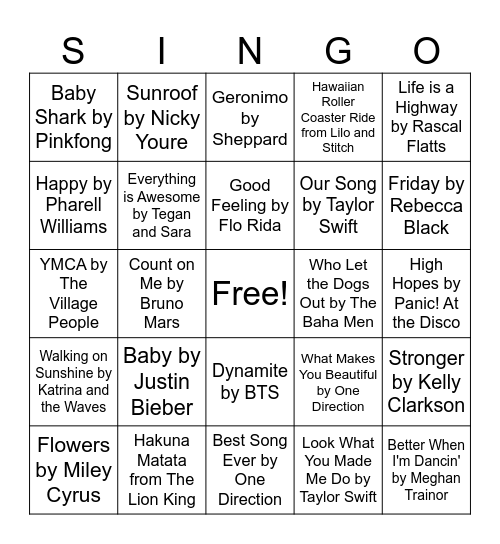 Summer Music Singo Bingo Card