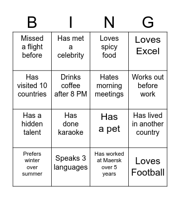 International Bingo Card