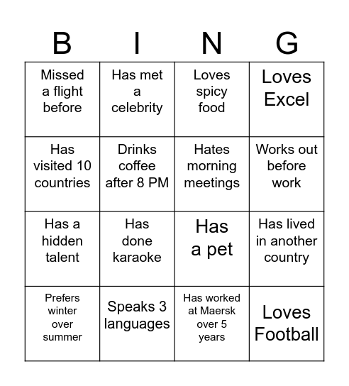 International Bingo Card