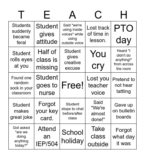 Teacher Survival Bingo Card