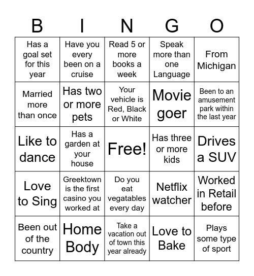 PLAYER SERVICES & SLOTS BINGO Card