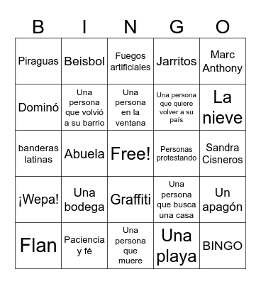 In The Heights Bingo Card