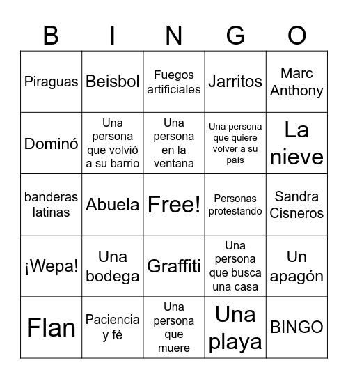 In The Heights Bingo Card