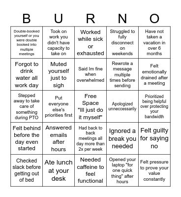 Burno Game Bingo Card