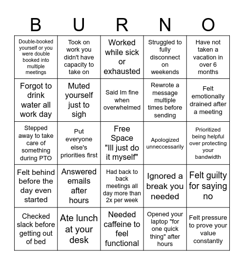 Burno Game Bingo Card