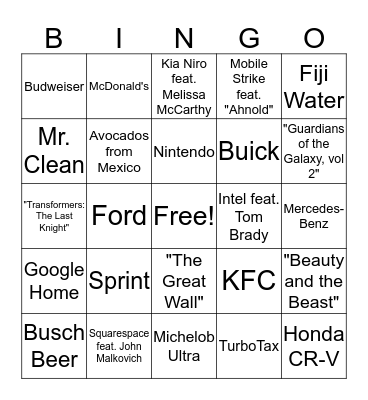 Super Bowl LI Ad Bingo Card