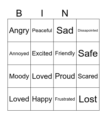 Fox Feelings Chart Bingo Card