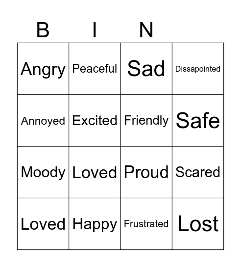Fox Feelings Chart Bingo Card