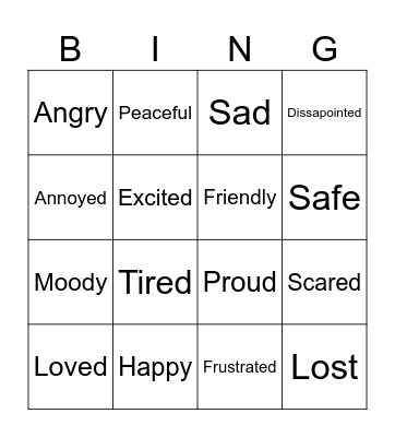 Fox Feelings Chart Bingo Card