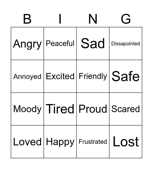 Fox Feelings Chart Bingo Card