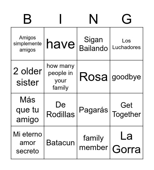 Family Bingo Card