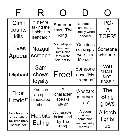 LOTR MOVIE MARATHON Bingo Card