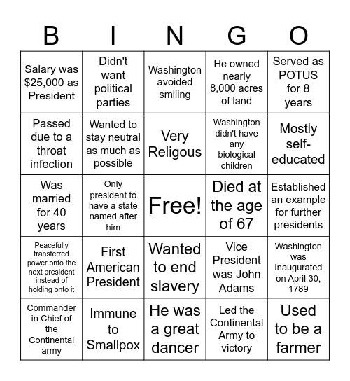 George Washington Bingo Card