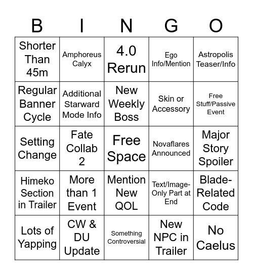 HSR 4.3 Special Program Bingo Card