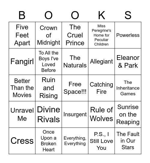 YA Bookish Bingo Card
