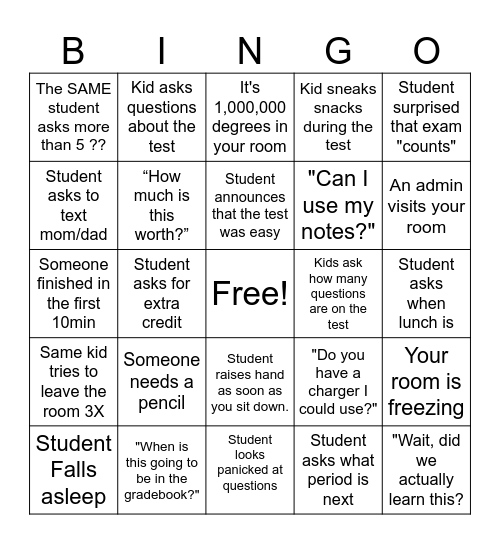 Exam  Bingo Card