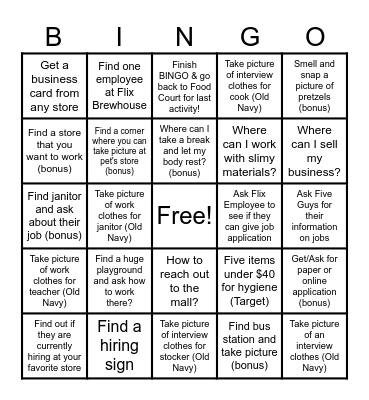 Merle Hay Mall Scavenger Hunt Bingo Card